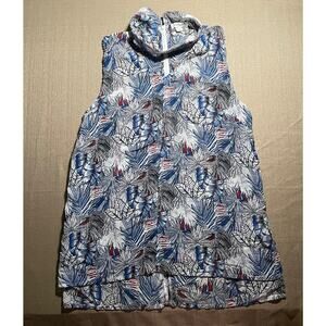 Simply Noelle Tank Top Blouse Women’s L/XL White Blue Red Leaves Button Up Strap